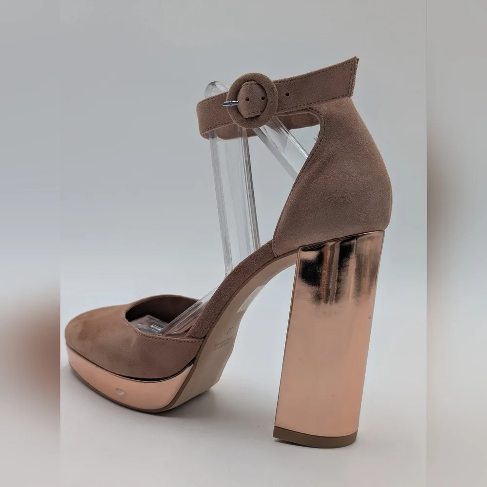 Free People Mix &Mingle Peach Suede Metallic Rose Gold Platform Heels US 7 EU 38